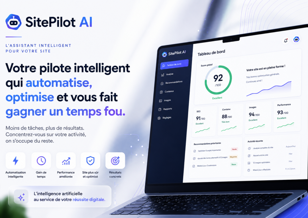 Interface de SitePilot AI, le copilote intelligent qui aide les entreprises à automatiser la gestion de leur site internet.